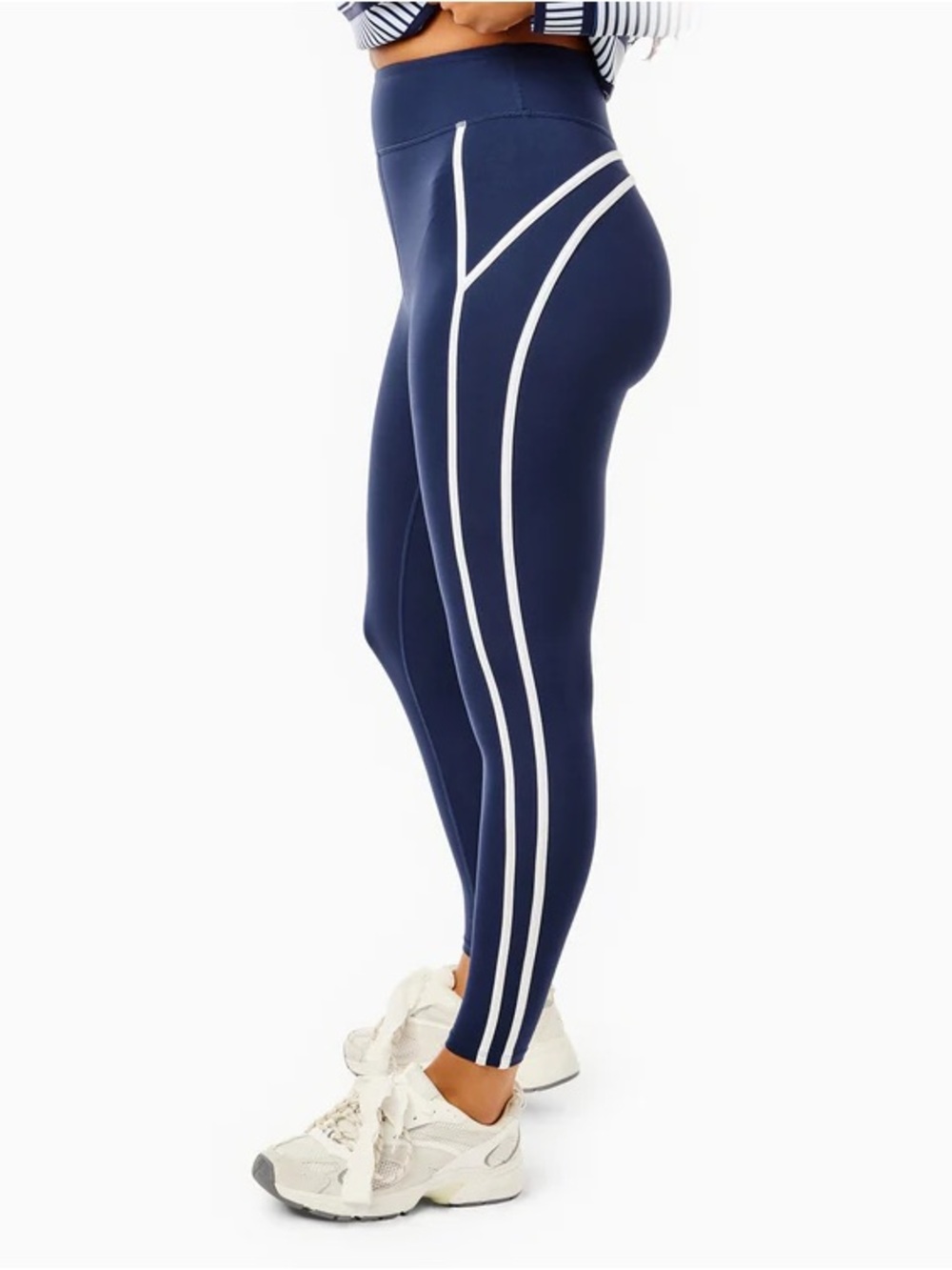 Addison Bay Navy Blue High-Rise Leggings with White Side Stripes